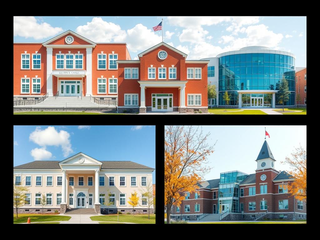 Różne typy budynków szkolnych reprezentujące różne etapy edukacji, sennik szkoła i nauka