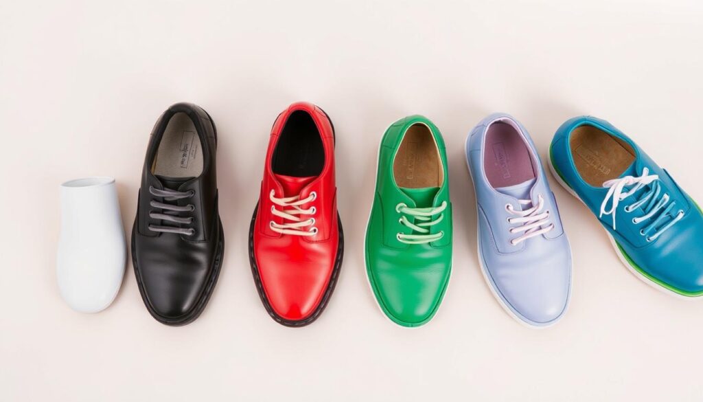 Różnokolorowe buty ułożone w rzędzie, pokazujące znaczenie kolorów w sennikach
