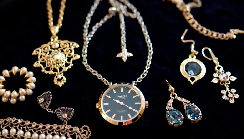 Różnorodna biżuteria na aksamitnym tle, symbolizująca sennik biżuteria