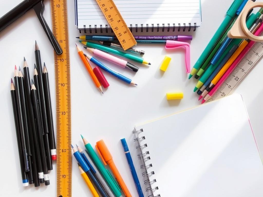 Różnorodne przybory szkolne na biurku: długopisy, ołówki, zeszyty, sennik szkoła i nauka