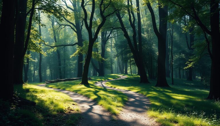 Rozwidlająca się droga w lesie symbolizująca wybory życiowe w sennik drogi