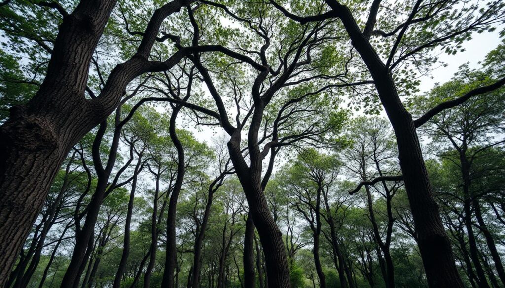 Silny wiatr zginający drzewa w lesie, symbolizujący zmiany i nowe kierunki w życiu