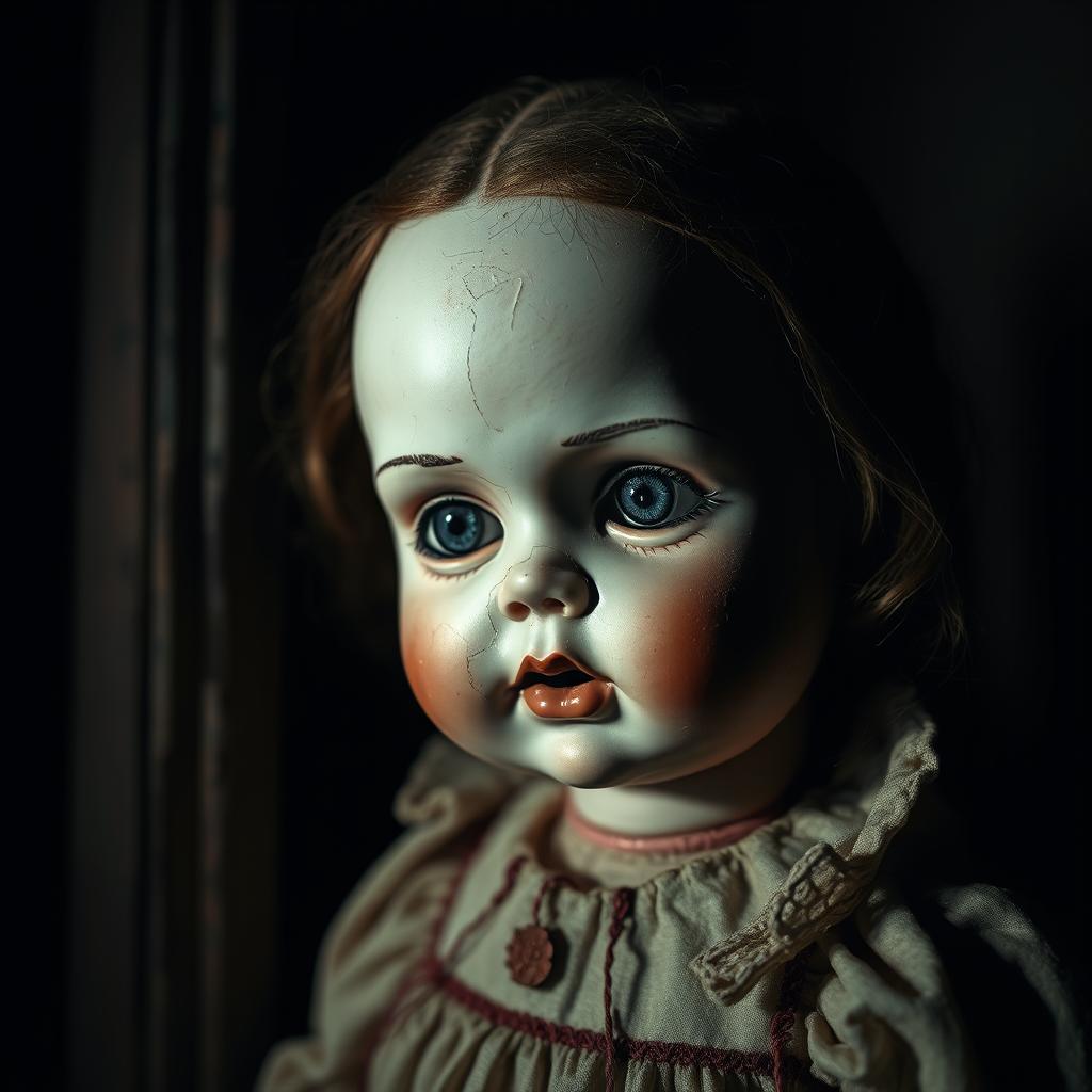 Stara porcelanowa lalka w ciemnym pokoju - element snu - sennik fantastyka