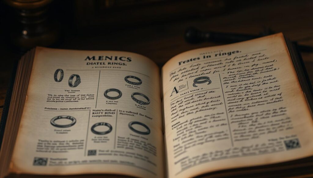 Starodawna księga z ilustracjami pierścionków i ich symboliki w różnych kulturach