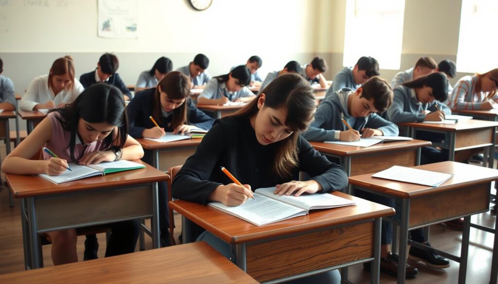 Stresująca scena egzaminu w sali szkolnej, studenci piszący test, sennik szkoła i nauka