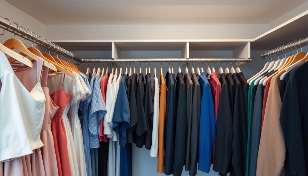 Uporządkowana szafa pełna ubrań na wieszakach symbolizująca dobrobyt i organizację w sennik ubranie