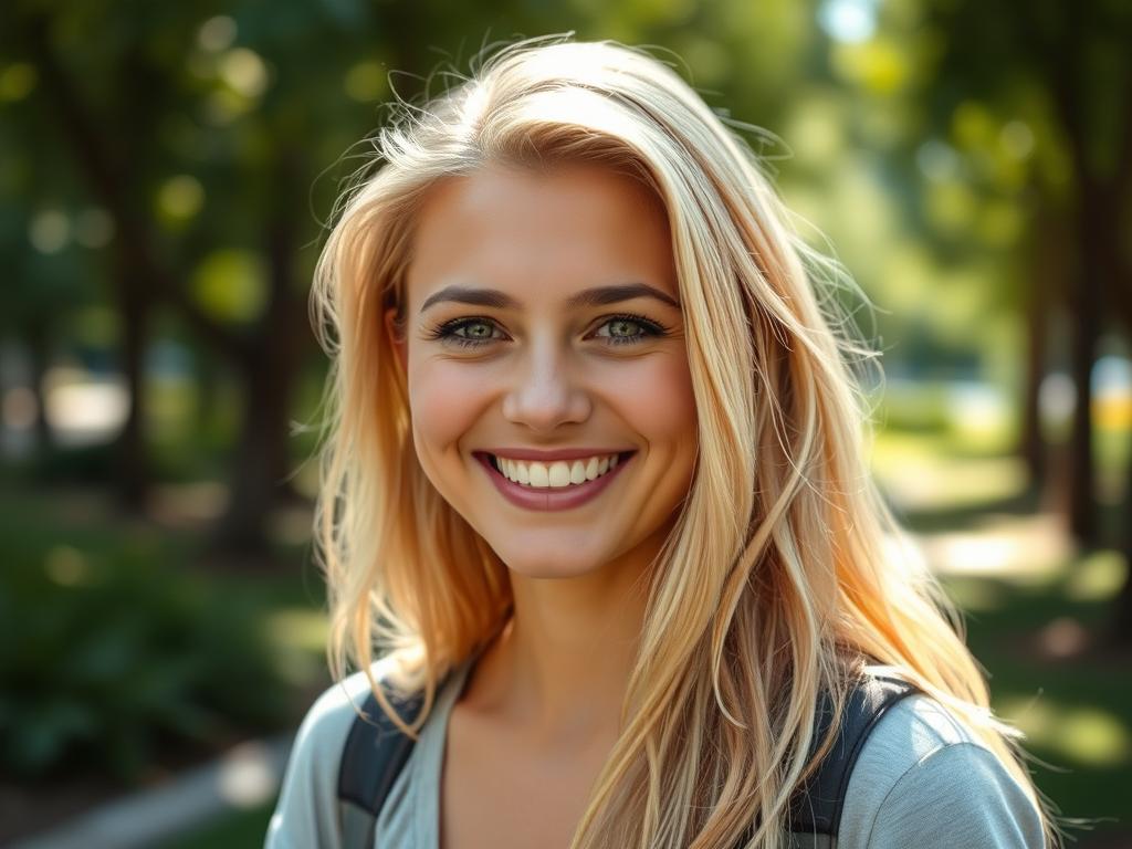 Uśmiechnięta blondynka w naturalnym otoczeniu parku lub ogrodu