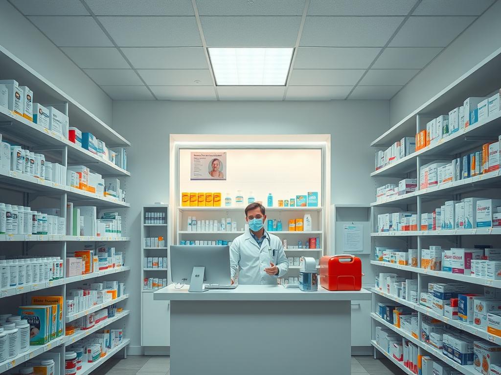 Wnętrze apteki z farmaceutą i lekami - sennik medyczny