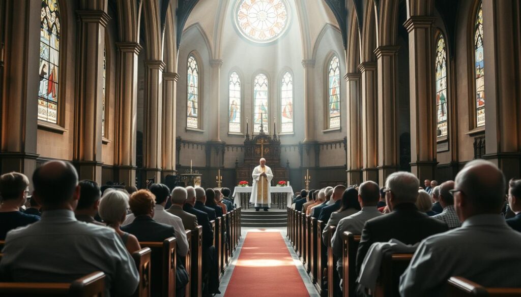 Wnętrze kościoła podczas mszy z wiernymi i księdzem przy ołtarzu, sennik msza w kościele