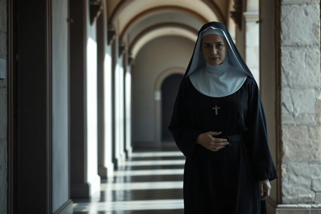 Zakonnica w czarnym habicie idąca korytarzem kościoła, sennik zakonnica w czarnym habicie