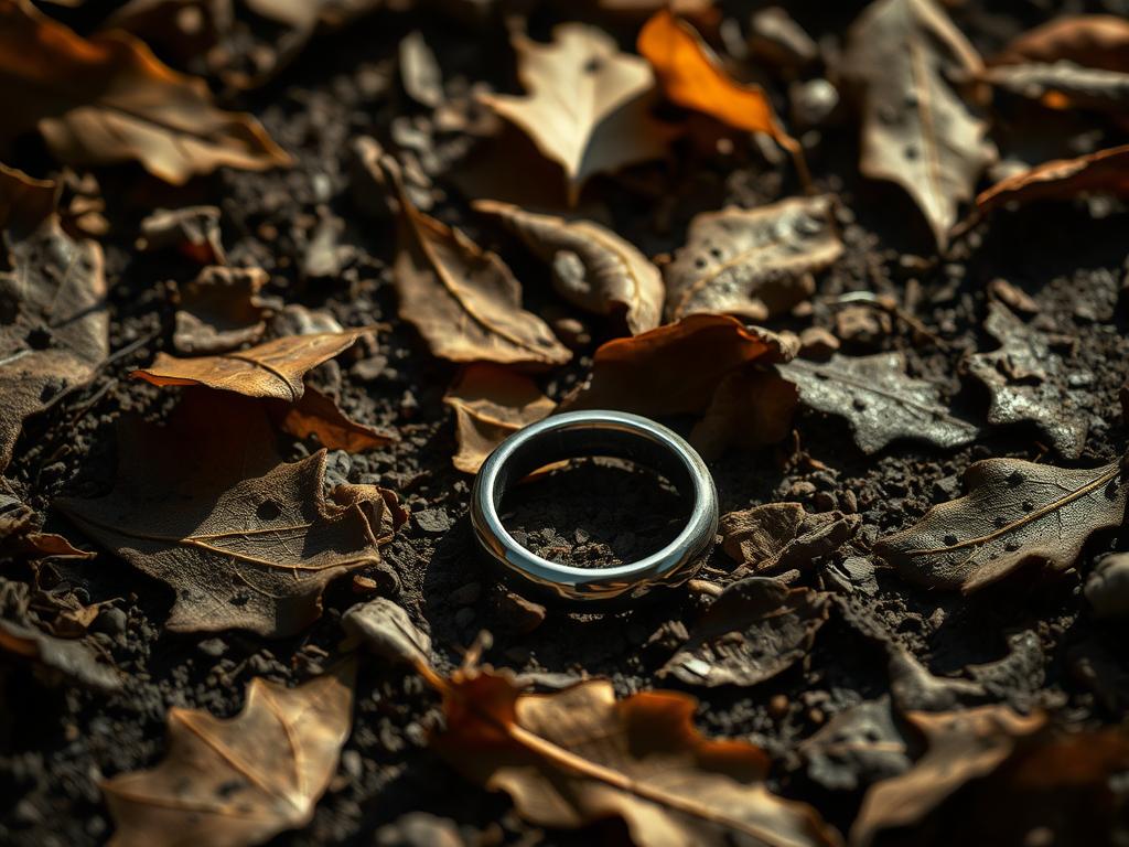 Zgubiony pierścionek leżący na ziemi, symbolizujący sennik pierścionek zgubić